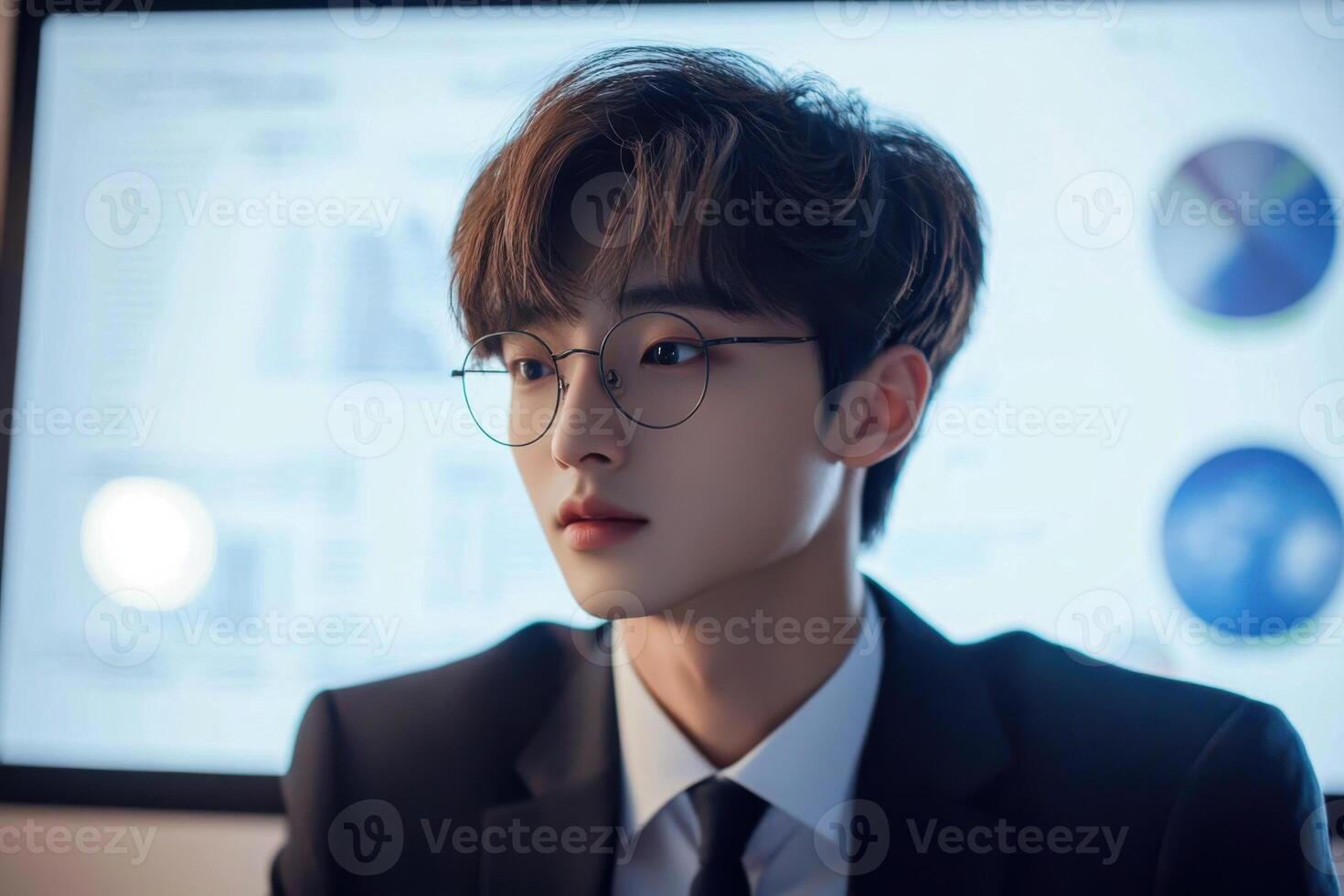 A man in glasses and a suit is looking at a screen photo