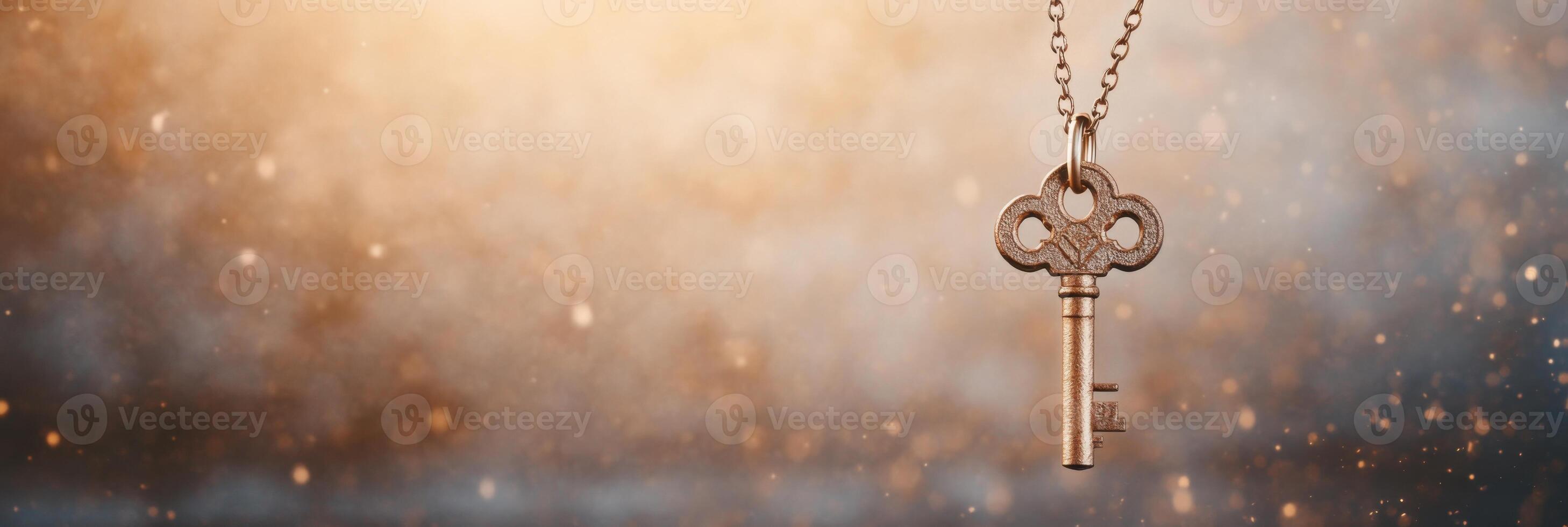 A key with a flower on it is hanging on a chain photo