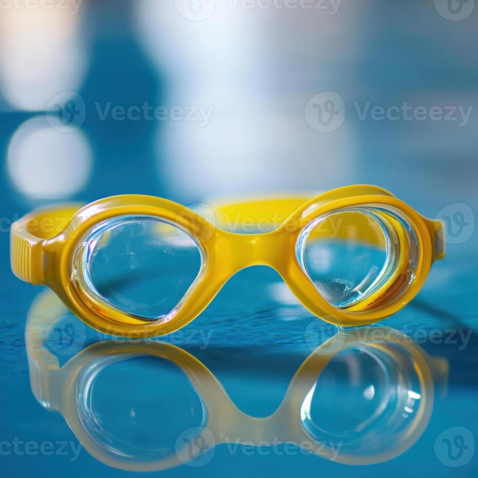 Bright yellow swimming goggles resting by the poolside on a clear sunny day reflecting light on water photo