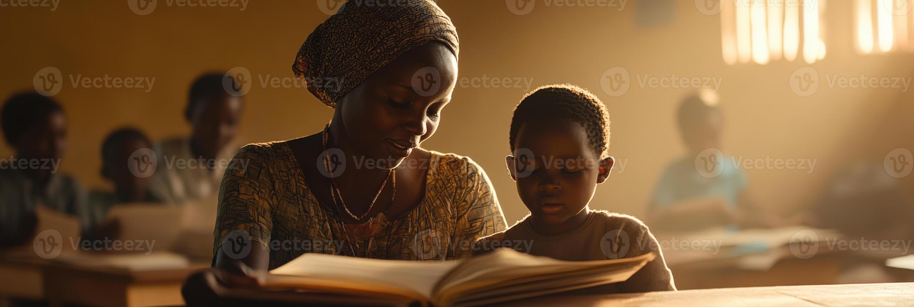 Teacher helps a child overcome reading challenges in a supportive learning environment photo