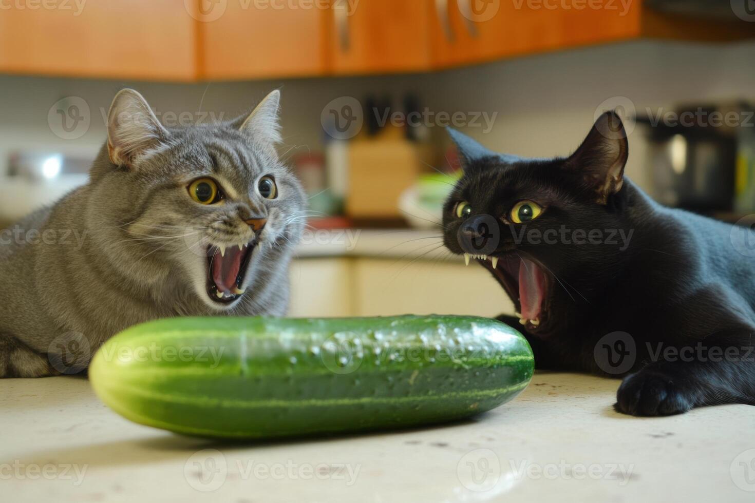 Cats engage in a fierce showdown with a cucumber in the kitchen, showcasing wild expressions and playful antics photo