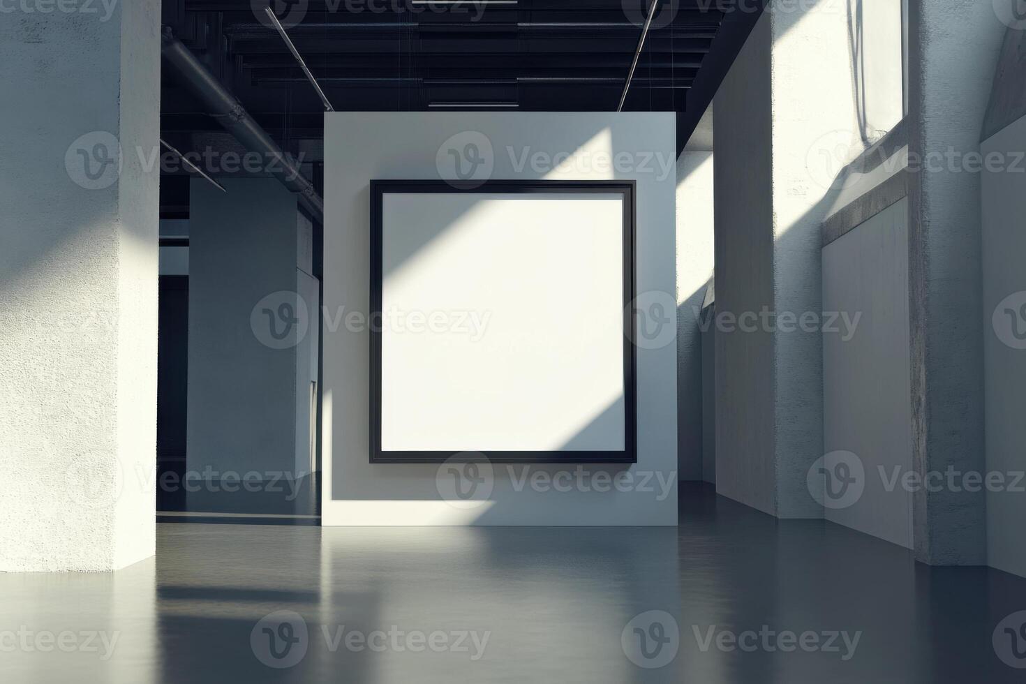 An empty room with a large blank frame photo