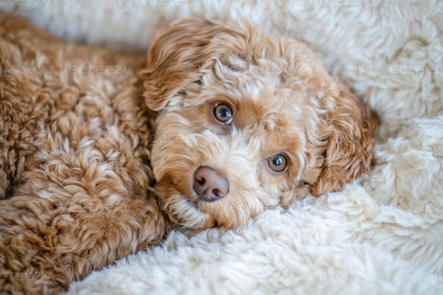 Cozy moments with a charming pet relaxing on soft blankets in a warm, inviting space photo