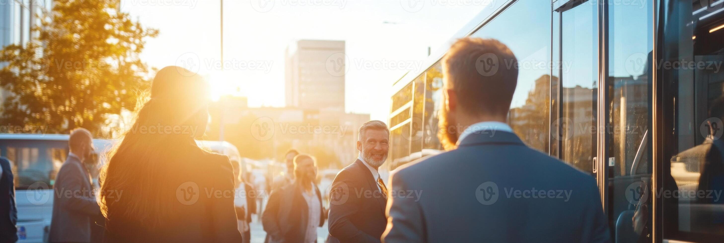 Business people getting off a bus at sunset photo