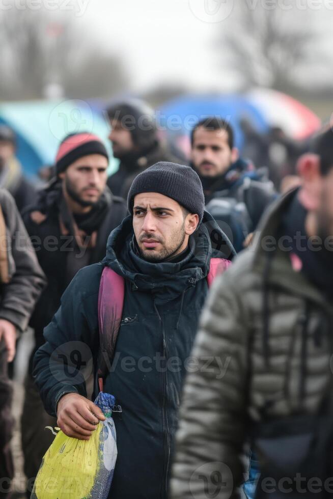 A group of men walking together in the street photo