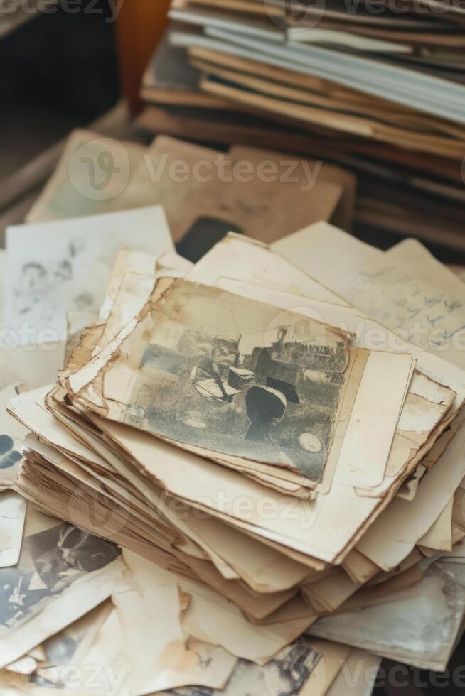 Old photographs and documents are piled up on a table photo