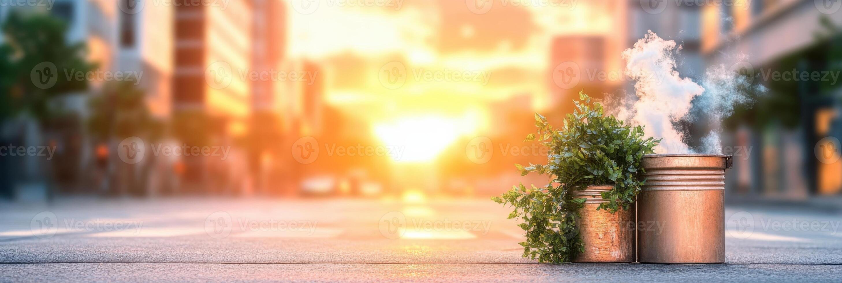 A plant is sitting on a street with a city in the background photo