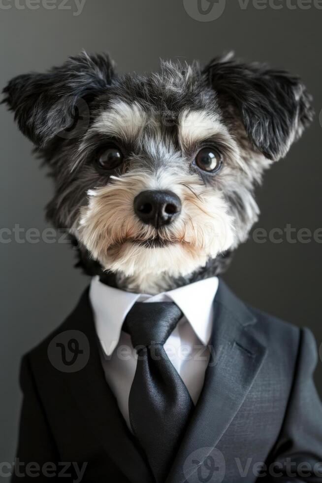 Nervous dog prepares for a job interview in a tiny suit showcasing confidence and charm photo