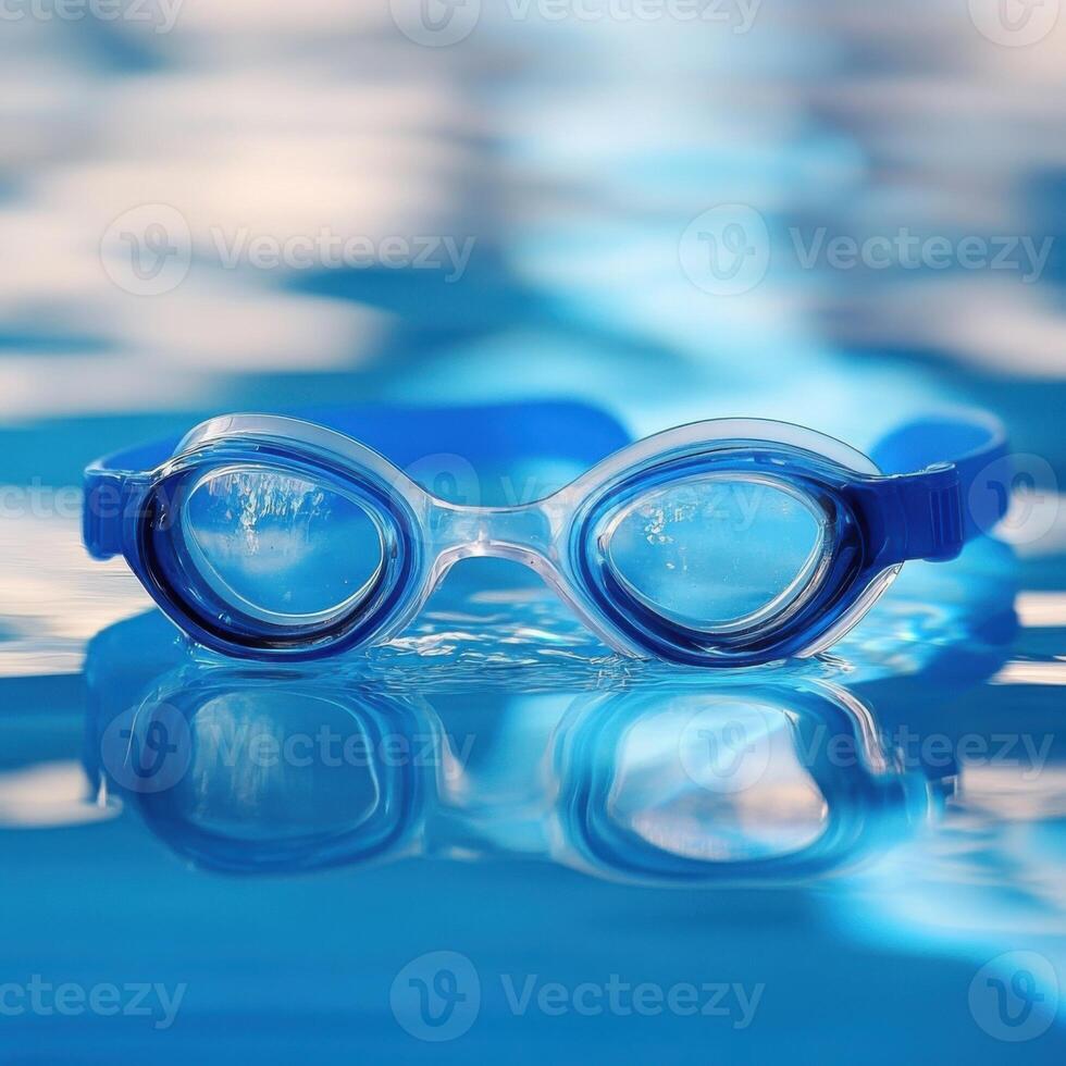 A pair of swimming goggles in a pool photo