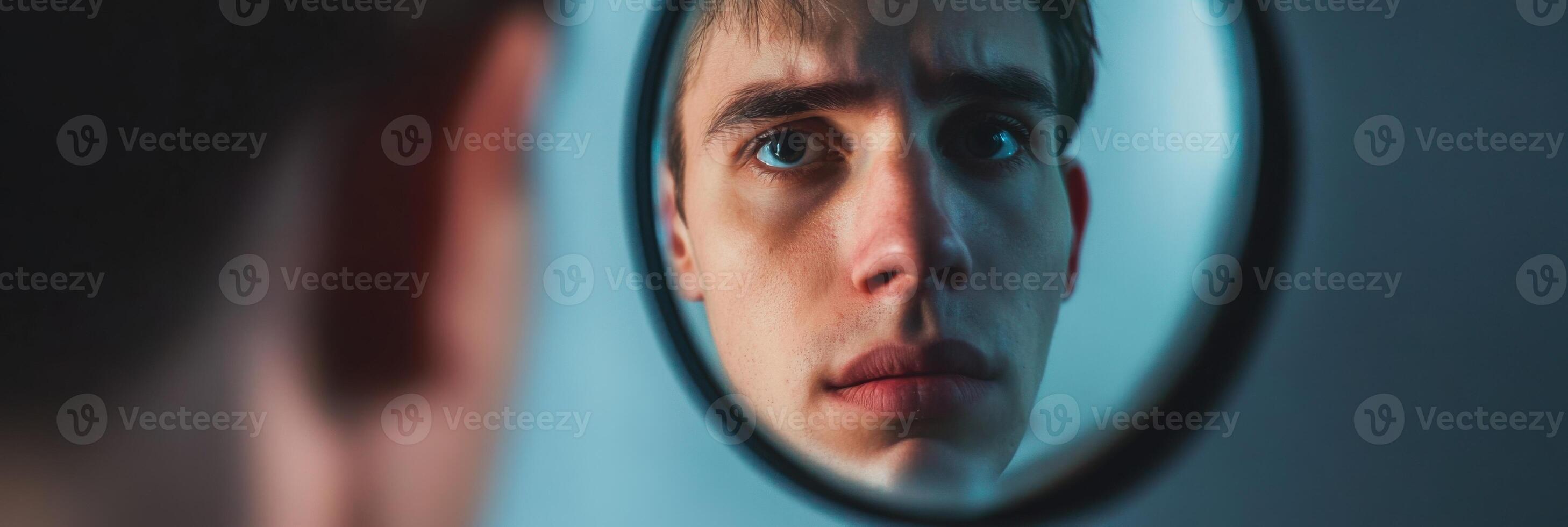 A man looking into a mirror with his face reflected photo