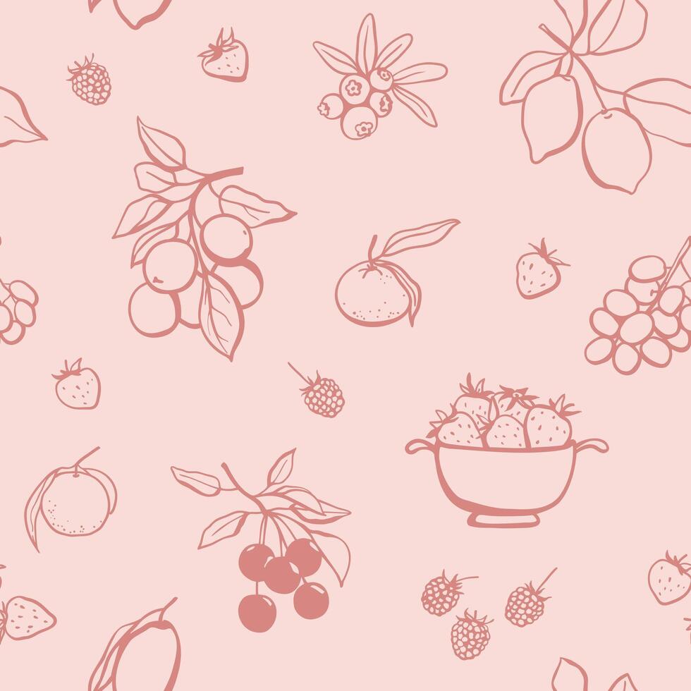 Hand drawn fruits and berries seamless pattern. Natural vegan food design for fabric, home textile, wrapping paper vector