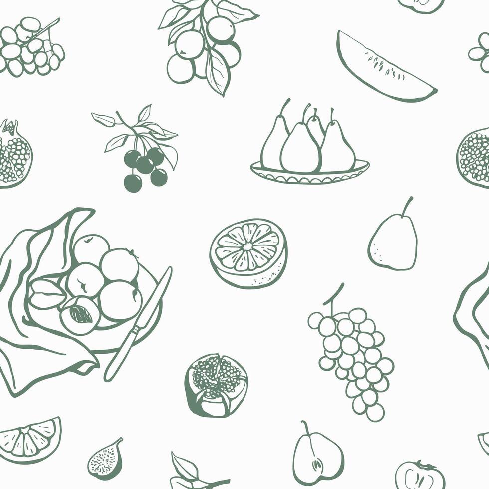 Hand drawn different fruits and berries seamless pattern. Simple monochrome food design for fabric, textile, wrapping paper vector