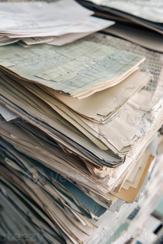 A pile of old documents on a desk photo
