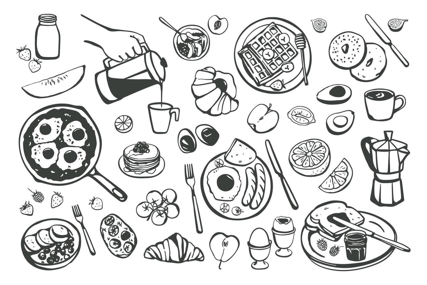 Set of various hand drawn simple breakfast meals sketches. Illustration isolated on white background vector