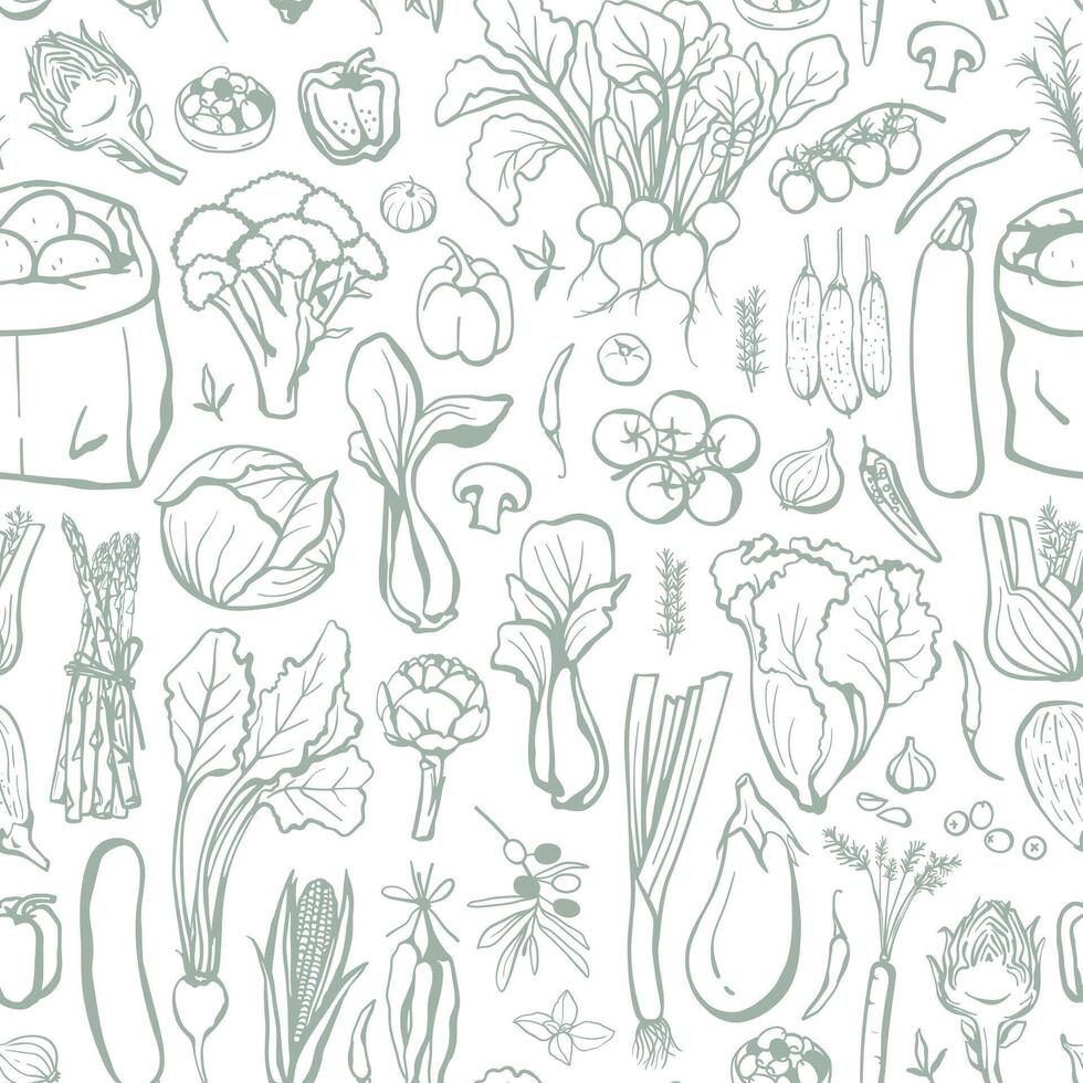 Hand drawn different vegetables seamless pattern. Monochrome food design in sketch style for fabric, textile, wrapping paper vector