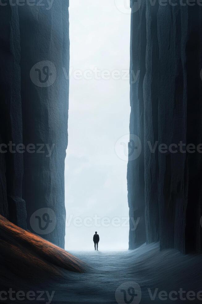 Quiet quest unfolds as a lone traveler journeys through a desolate canyon under an overcast sky photo