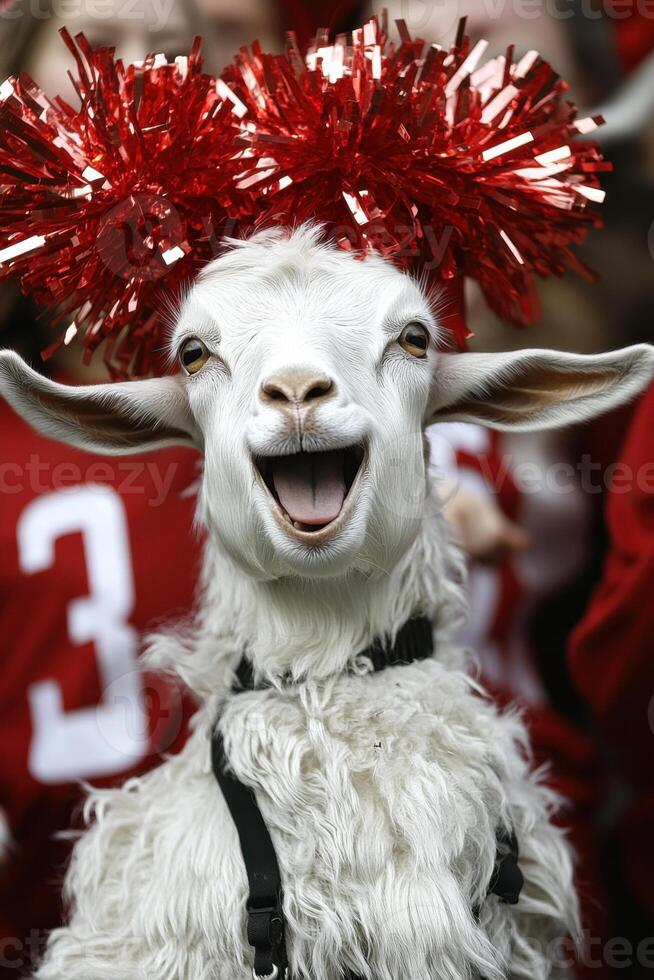 Cheering confidently from the sidelines, a spirited goat rallies its squad in a humorous cheerleading moment photo