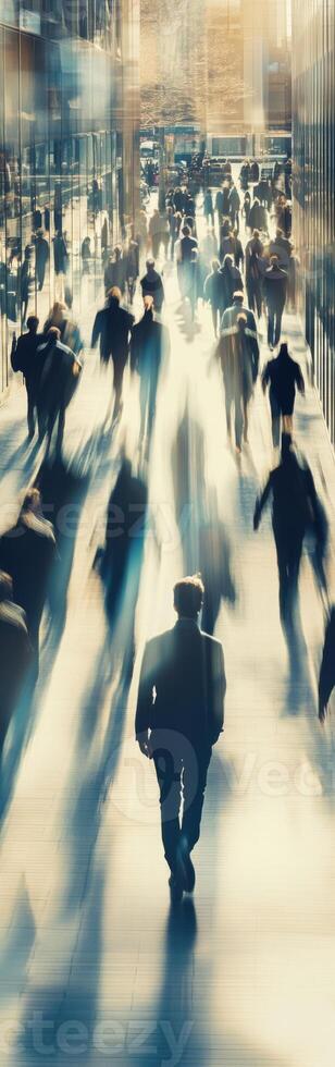 Urban crowd navigating a futuristic corridor with dynamic energy and spatial depth photo