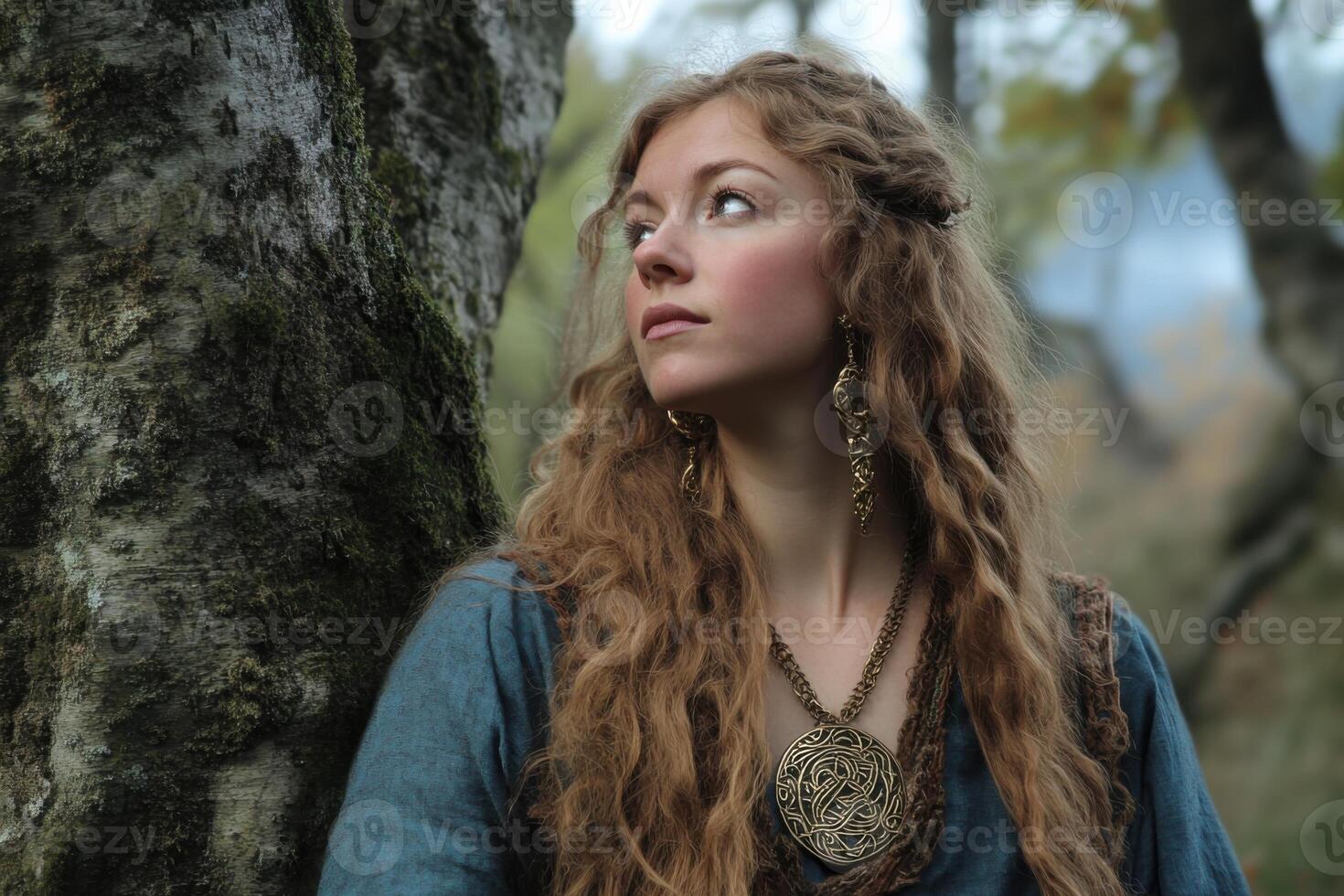 Freyjas Necklace boasts a mesmerizing representation of the goddess Freyja with Brsingamen amidst a serene forest backdrop photo
