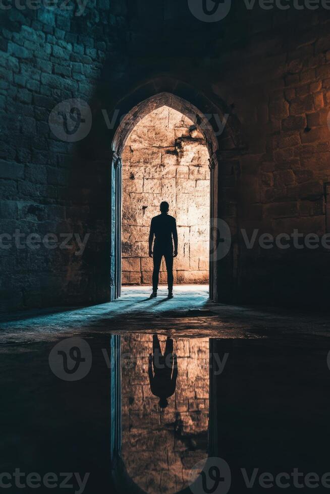 Exploring the haunting entrance of an ancient crypt with feelings of anxiety and curiosity photo