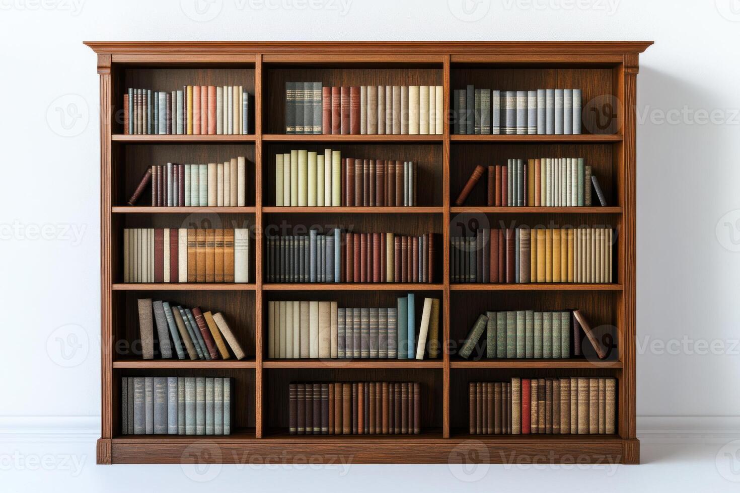 Beautifully arranged bookshelf filled with classic literature and elegant bindings on a clean white background photo