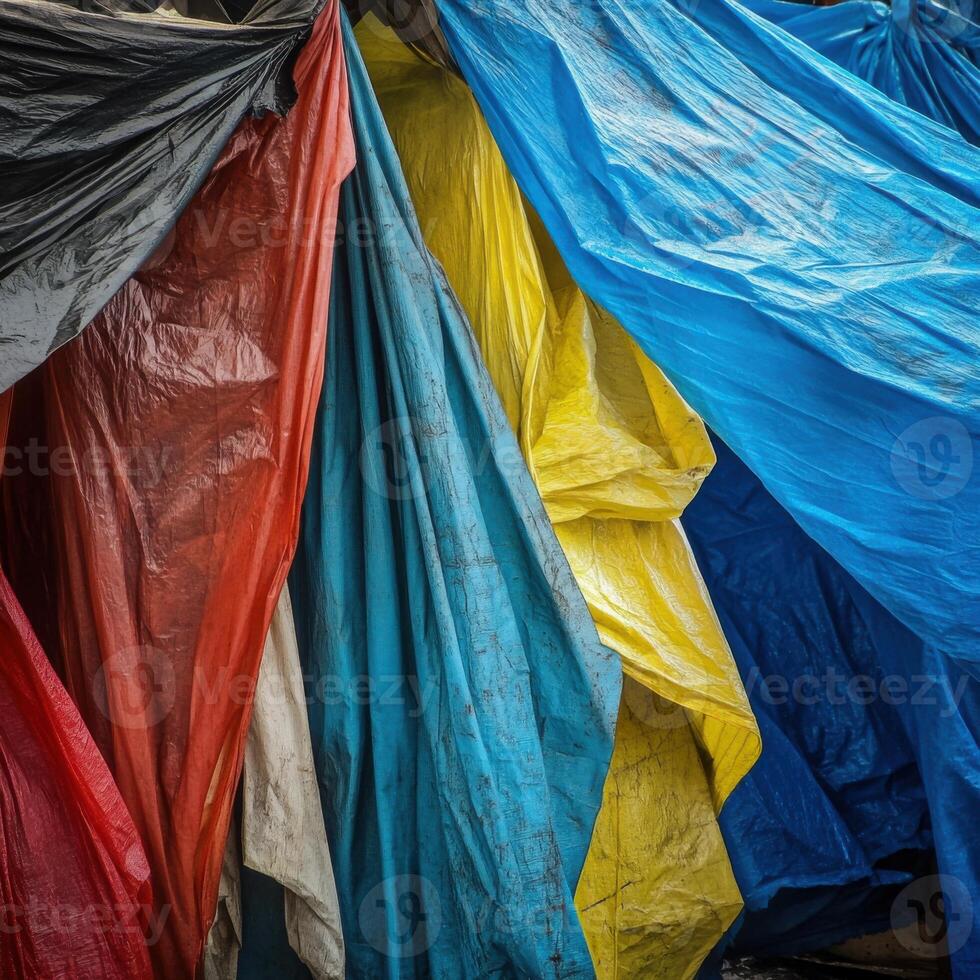 Vibrant tarps create a colorful shelter in an urban setting during early morning hours photo