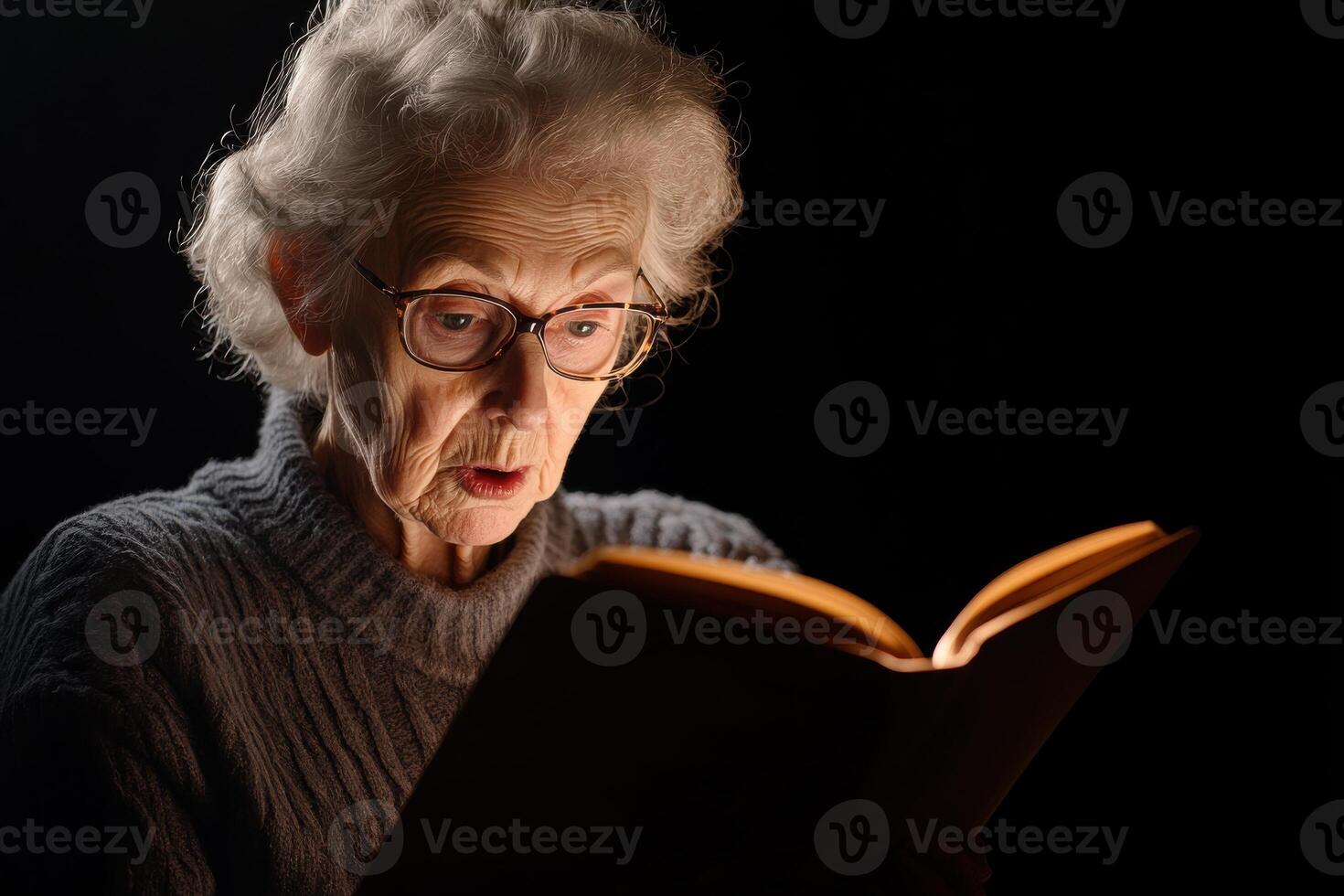 Senior woman reading a book with trifocal glasses highlights vision challenges and the need for eye care photo