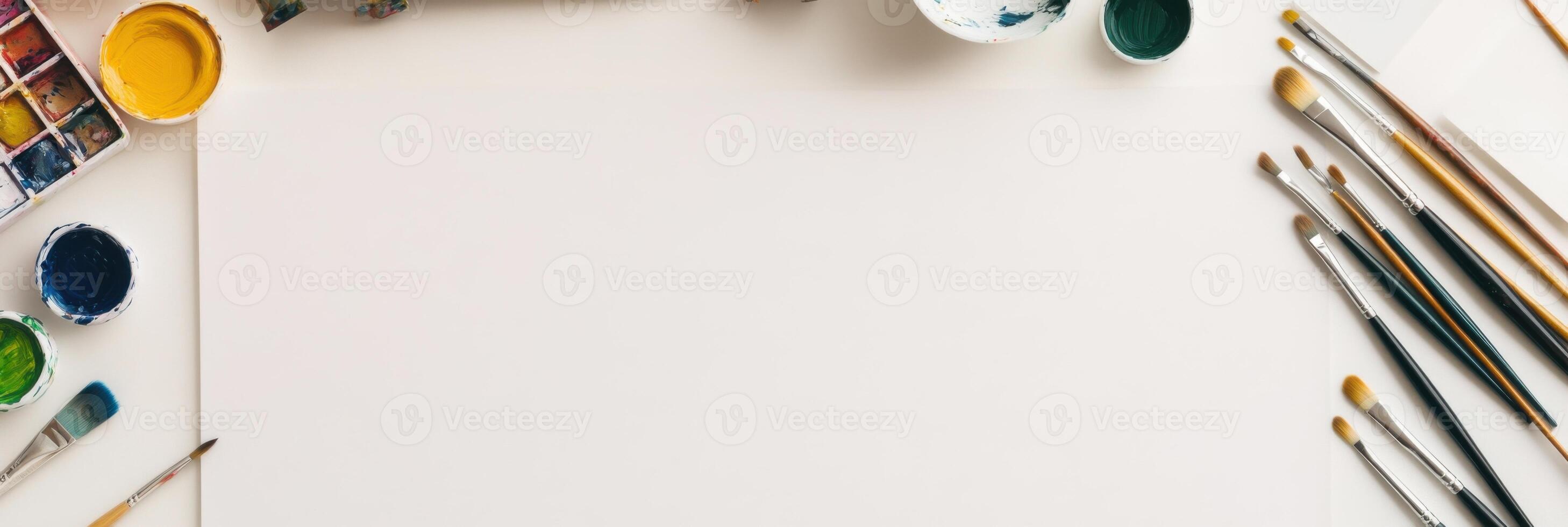 Minimalist flat lay of essential painting supplies for creative expression in a serene workspace photo