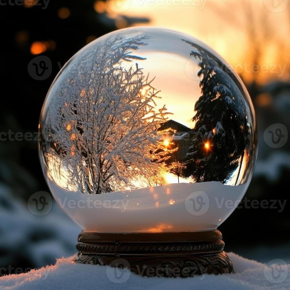 Captivating winter landscape captured within a snow globe at sunset revealing a serene snowy tree and gentle reflections photo