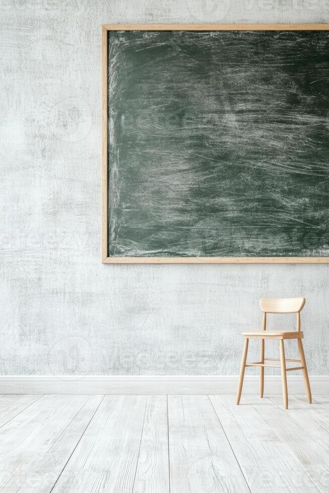 Chalkboard evolving into a digital screen in a minimalist classroom environment illustrating modern learning tools photo