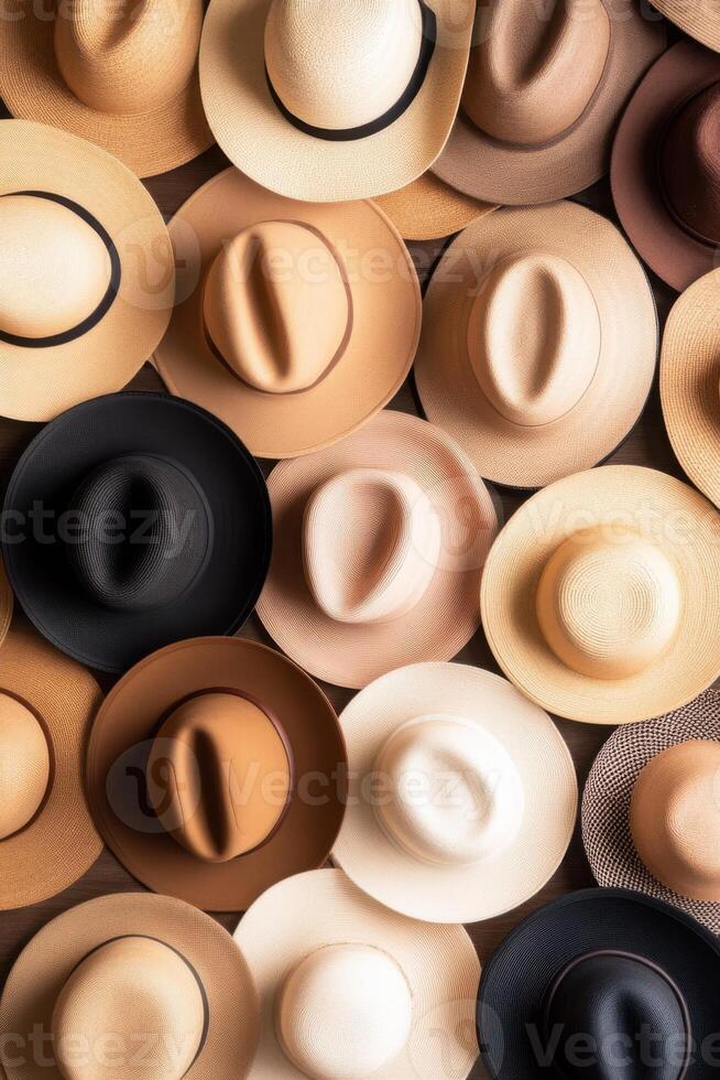 Creative display of diverse hats showcased by a passionate hat maker in a charming shop setting photo