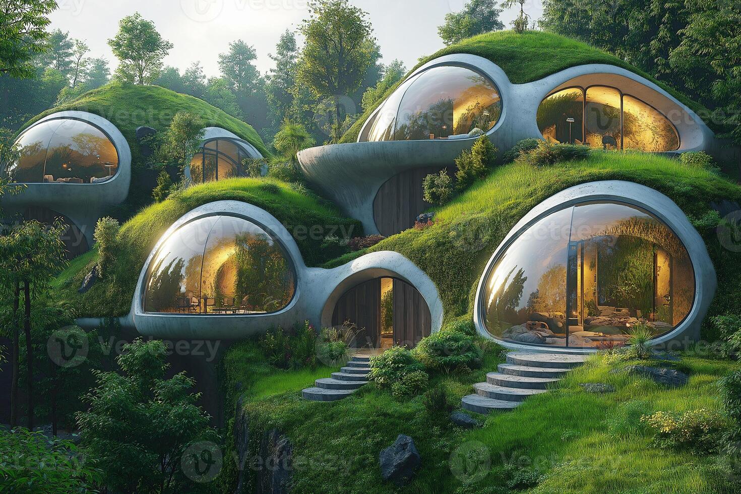 Diverse global team shares ideas in unique eco-friendly workspace. photo