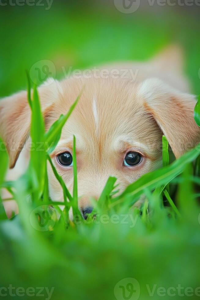 Puppy plays hide and seek in the garden surprising its owner with charming antics photo