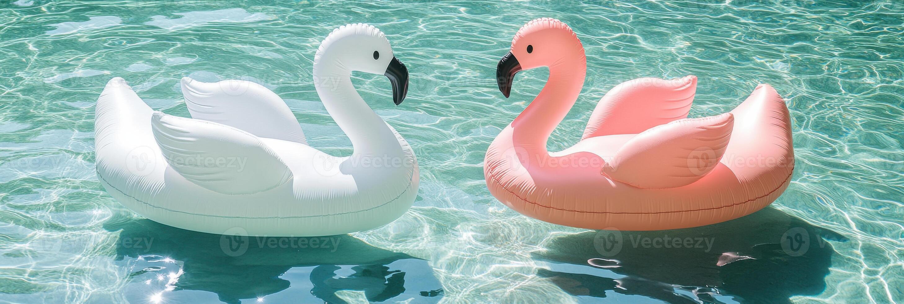 Floating swan and flamingo inflatables brighten up a sunny pool day in turquoise water photo