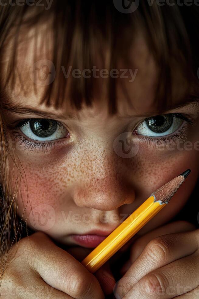 Hands gripping pencil tightly, focused child shows determination against learning challenges in a quiet room photo