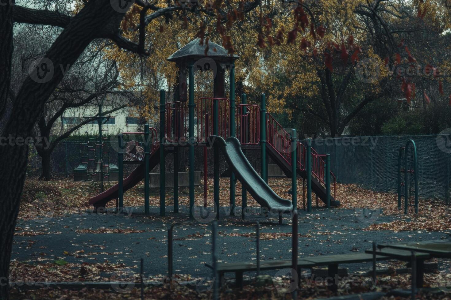 Echoes of laughter linger in a forgotten playground overrun by natures embrace photo