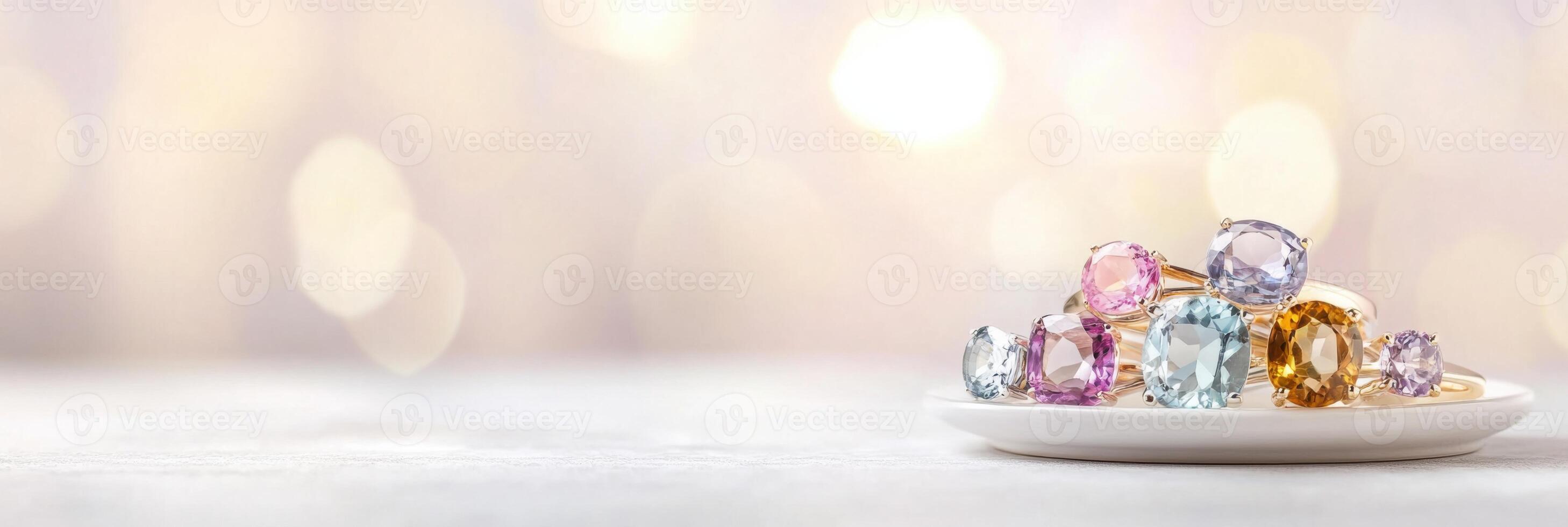Vibrant display of multi-colored gemstone rings on a white ceramic dish creating a mesmerizing aesthetic photo
