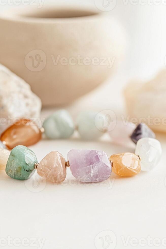 Vibrant gemstone bracelet showcasing a stunning array of colors on a light tabletop setting photo