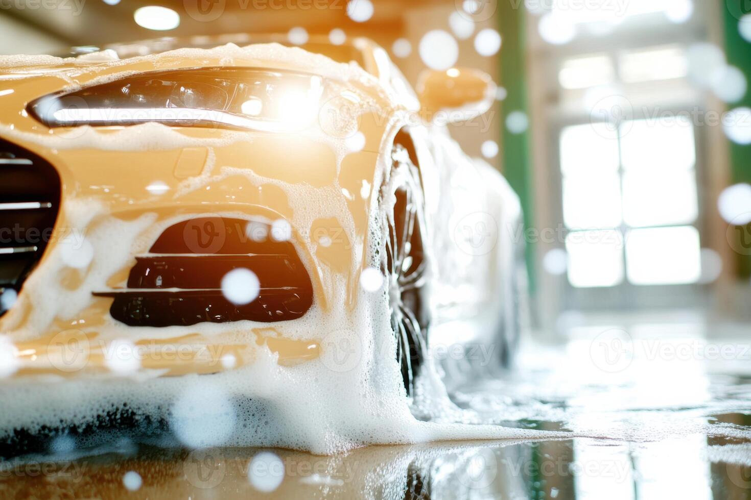 Luxury sports car getting a foam wash at a modern car wash showcasing gleaming details and vibrant colors photo