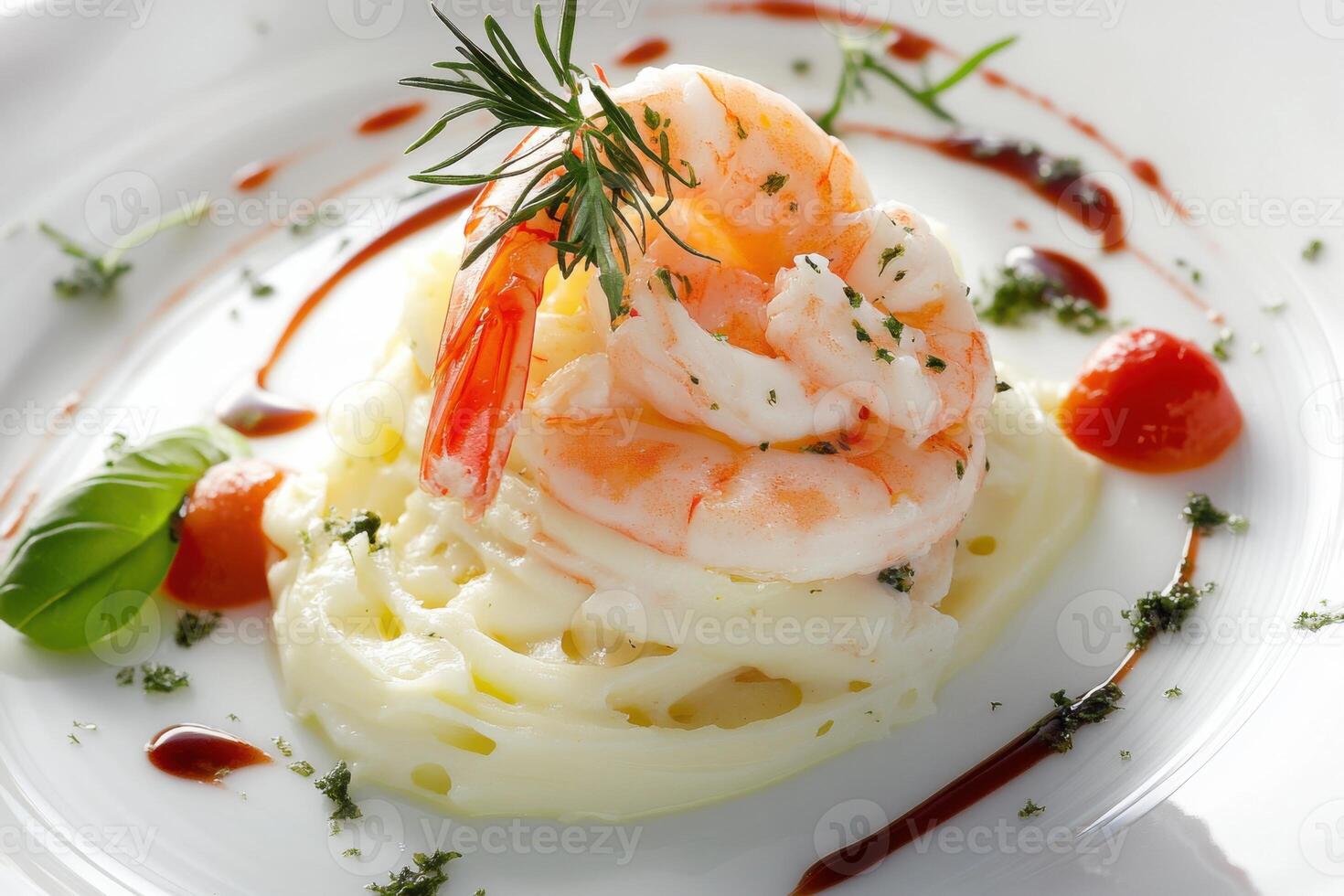Gourmet shrimp dish elegantly plated with delicate flavors and vibrant ingredients in a creative culinary arrangement photo