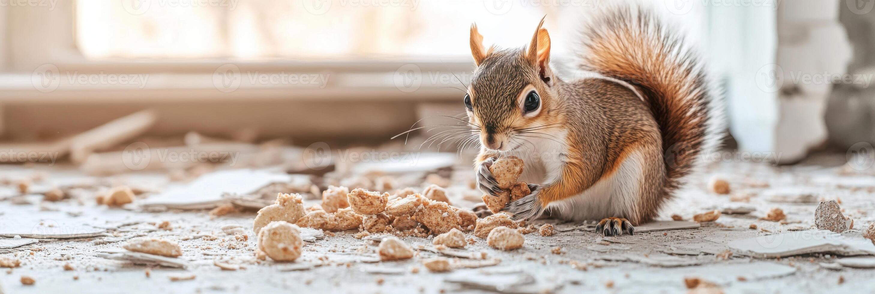Squirrel hoarding snacks amidst clutter in a cozy apartment setting photo