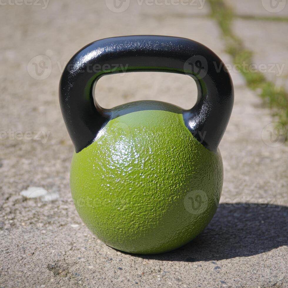 Enhance strength and fitness with a green kettlebell resting on a textured outdoor surface during a bright sunny day photo