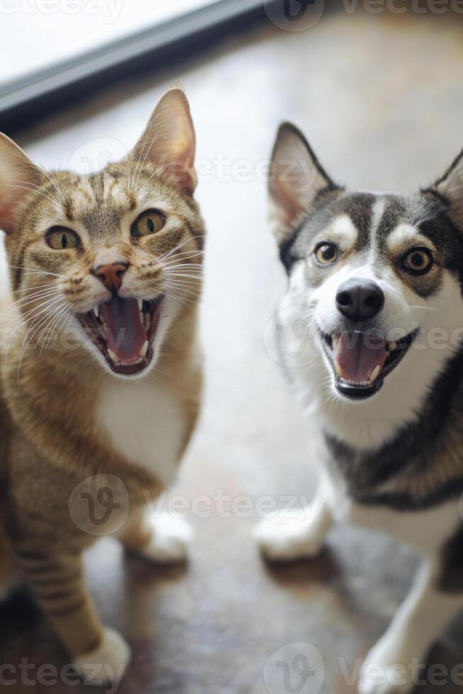 Cat nervously introduces dog partner to family with playful expressions and delightful tension photo