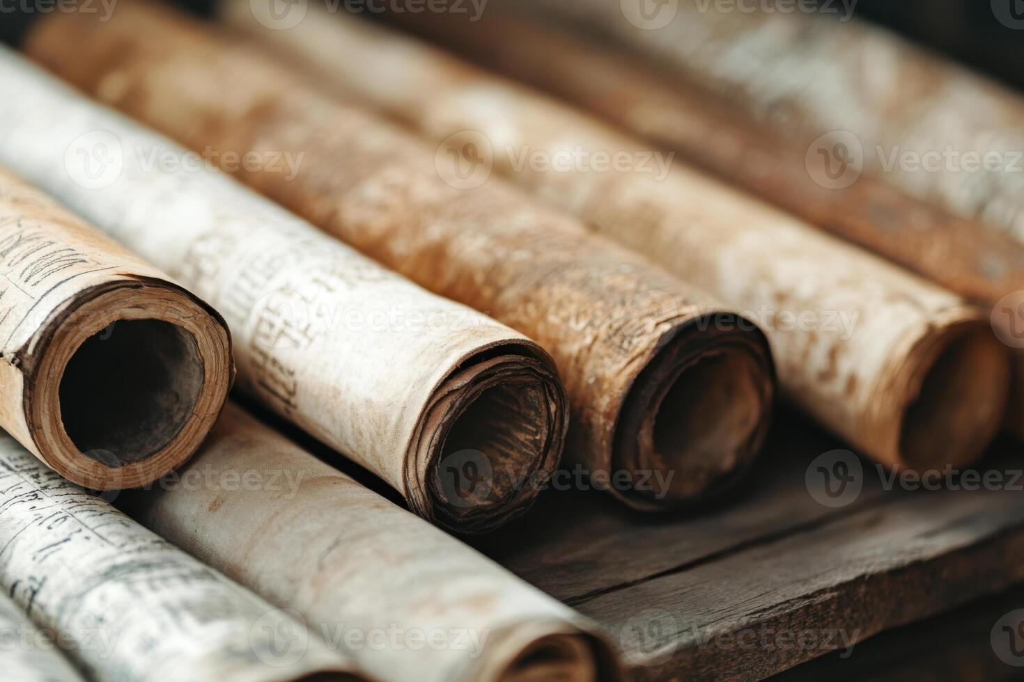 Close-up view of ancient scrolls showcasing various historical scripts from different cultures photo