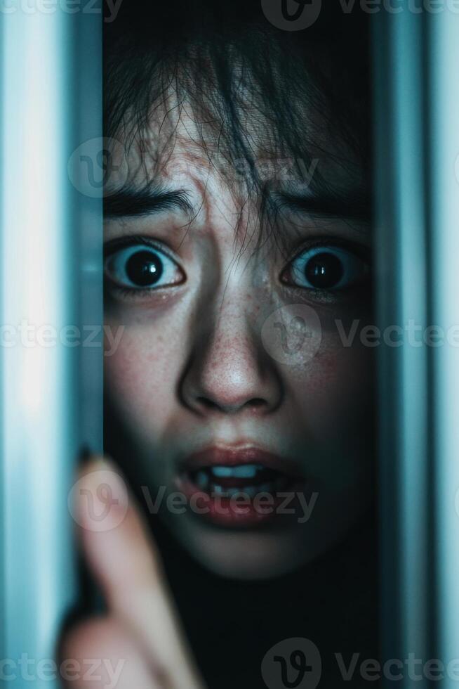Intense struggle with fear captured in a claustrophobic elevator moment photo