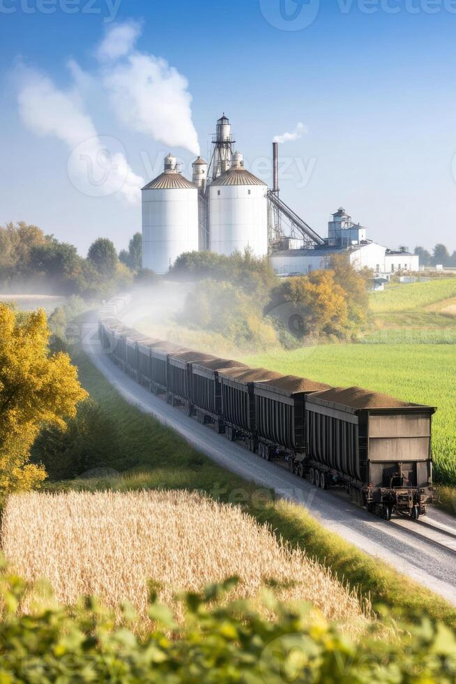 Stunning aerial view captures grain elevators towering over lush agricultural fields during a clear day photo