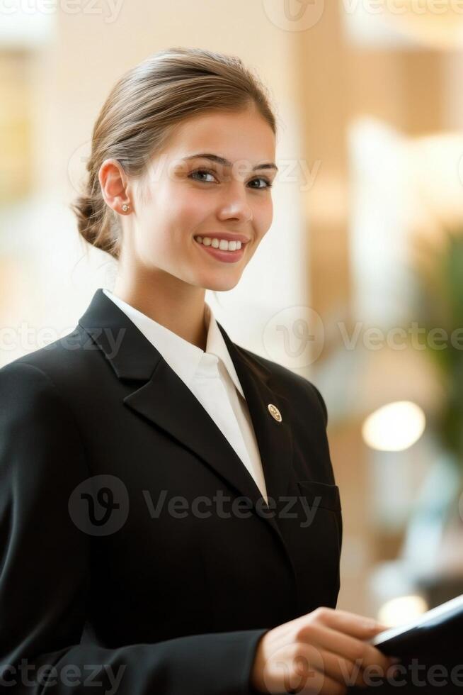 Porter warmly assisting hotel guests with a friendly smile amidst an elegant lobby setting photo