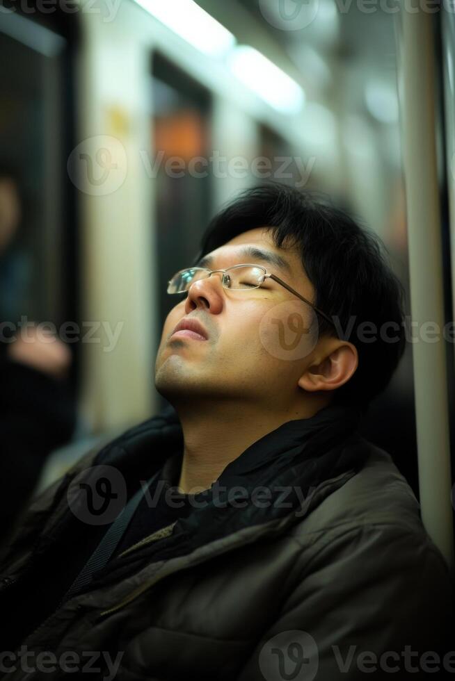 Commuter drifting into sleep on a crowded subway during morning rush hour photo