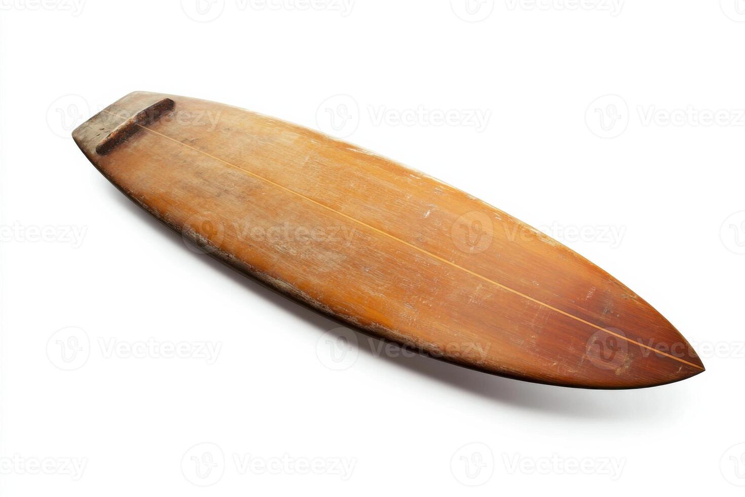 Vintage surfboard showcasing retro craftsmanship with a natural finish on a white background photo
