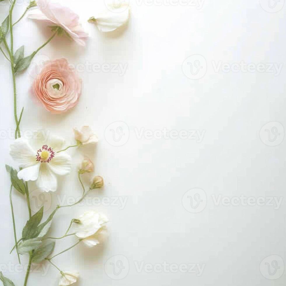 Soft pastel flowers arranged elegantly on a white table inviting creativity and tranquility for any occasion photo